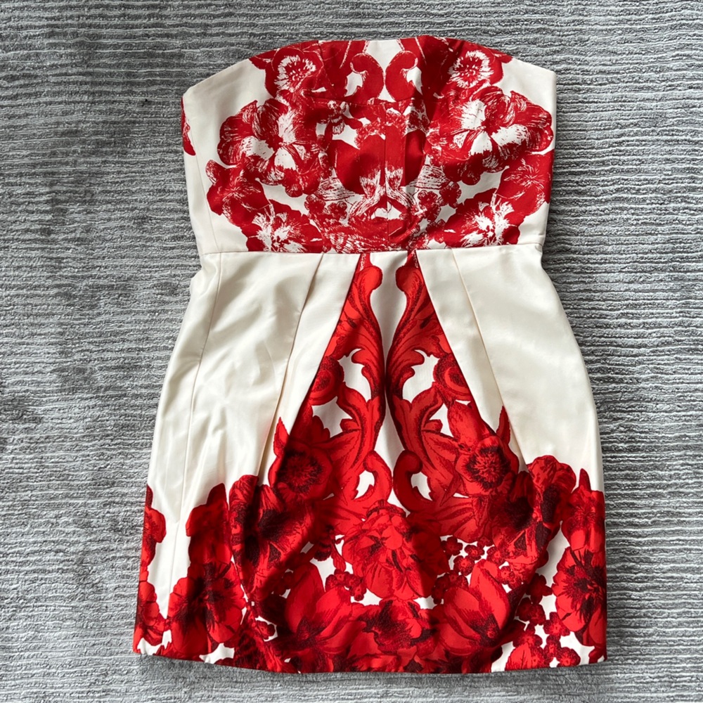 Tibi Strapless Mini Silk Dress with Red Floral Print